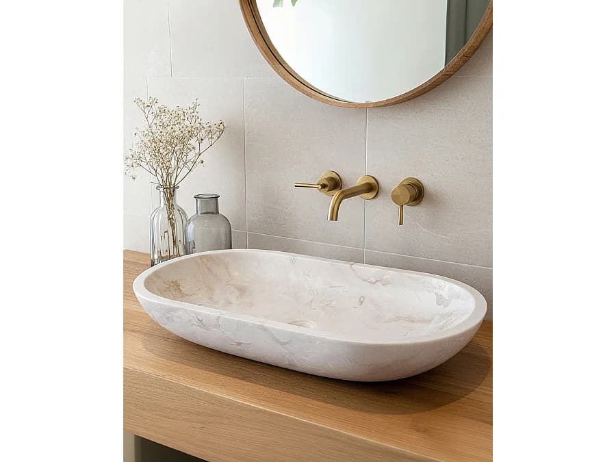 Nacre - Vasque à poser ovale en marbre couleur crème