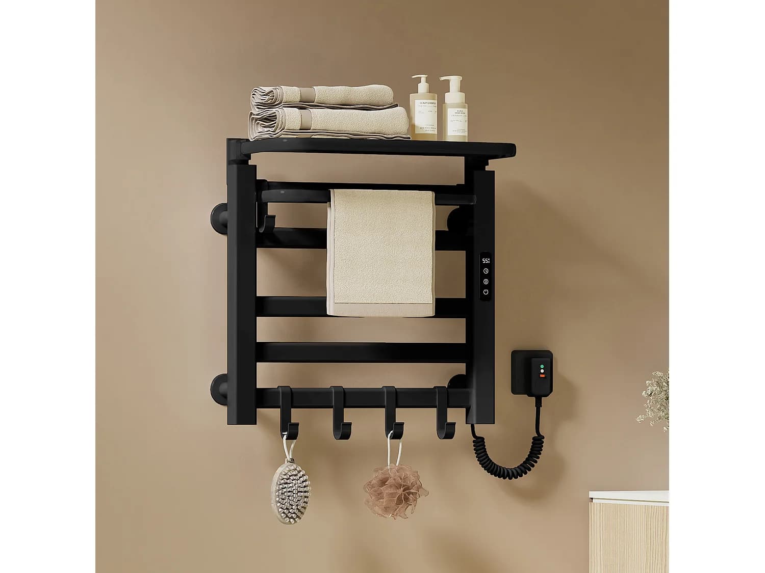 EMKE Sèche-serviettes électrique noir aluminium WiFi H. 50 x L. 50 cm 140 W avec étagère pliable