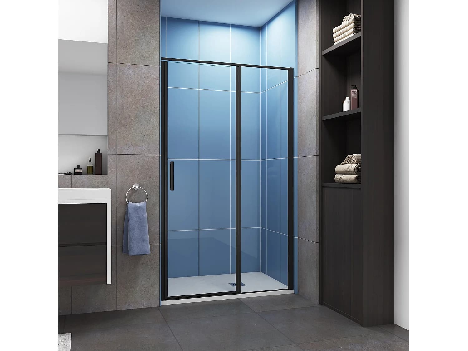 Porte de douche pivotante 120x185cm profilé noir mat Installation en niche, verre securit anticalcaire