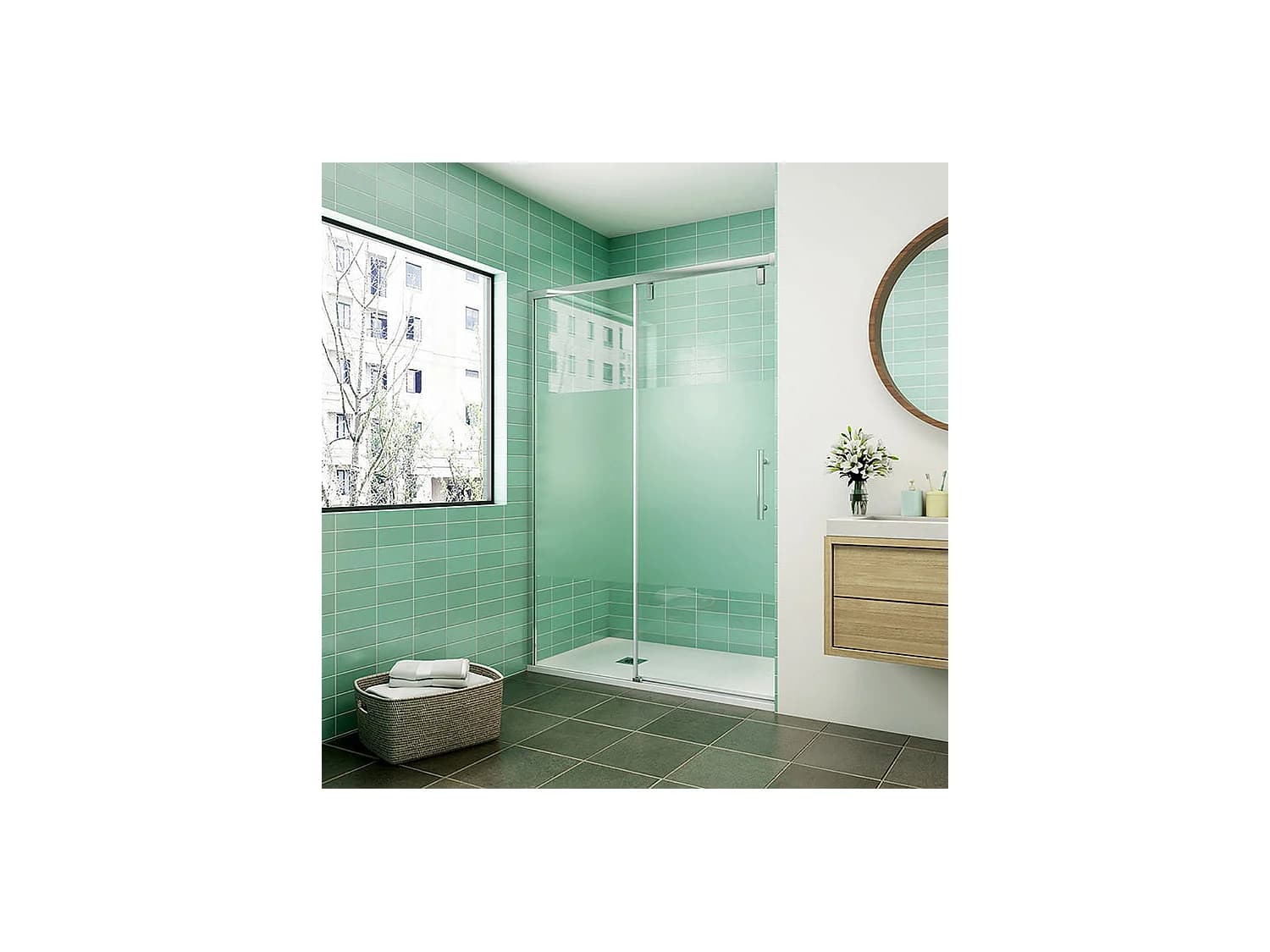 Porte de douche coulissante avec l'amortisseur 140x190cm verre sablé au centre - Installé à Gauche