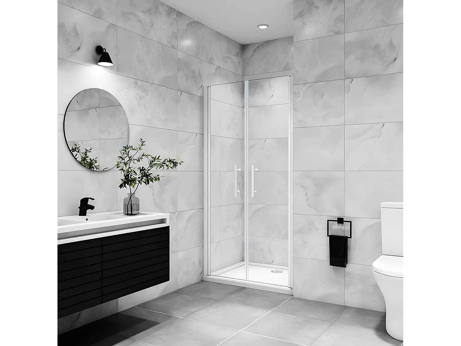 Porte de douche battante 90x180cm profilé blanc en 5mm verre anticalcaire porte de douche Hauteur 180cm Installation en niche