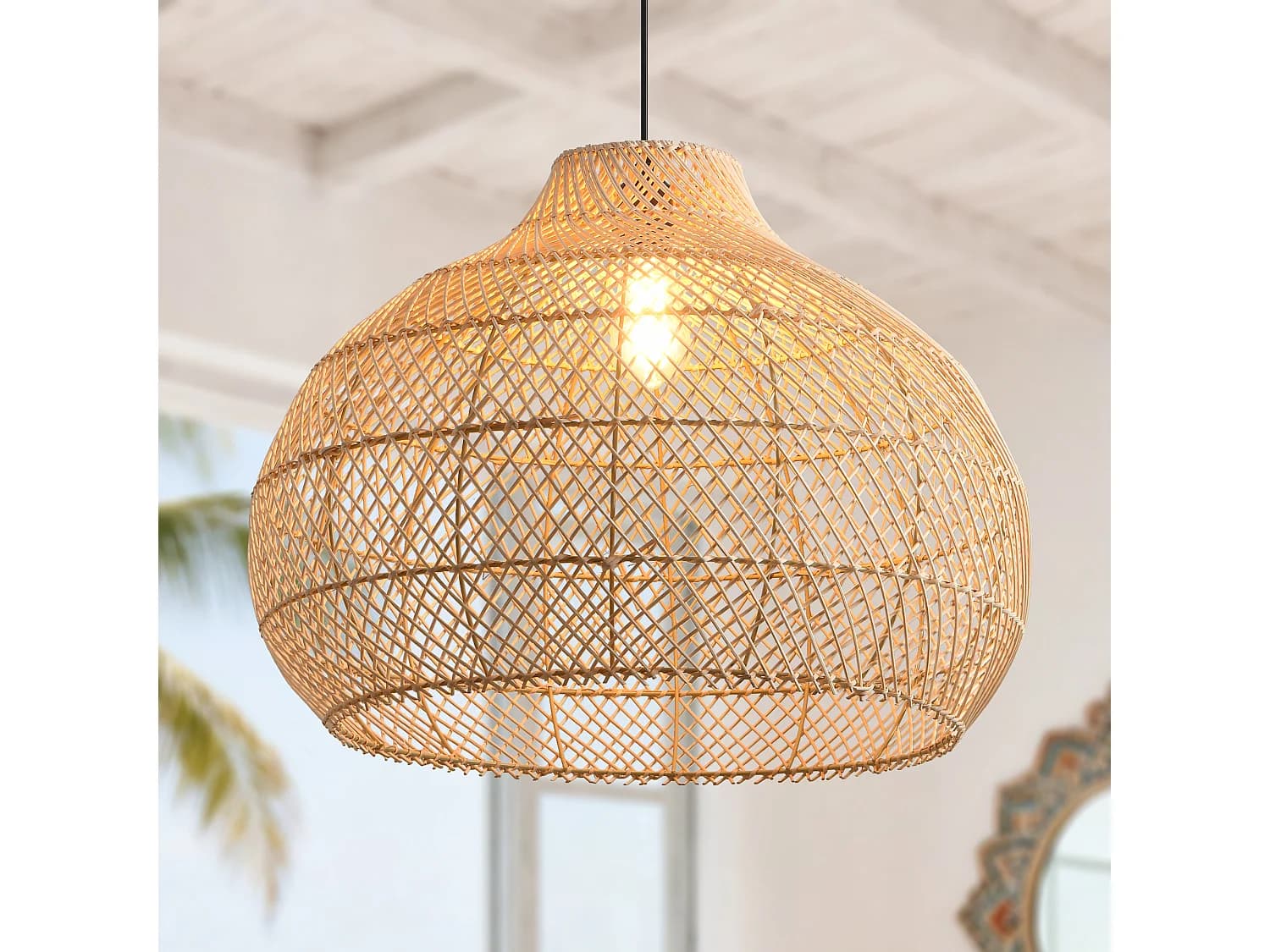 Grande Suspension en Rotin, Abat-jour Naturel en Osier, Hauteur Réglable, Douille E27, Diamètre 60 cm, pour Salon(Ampoule Non Incluse)