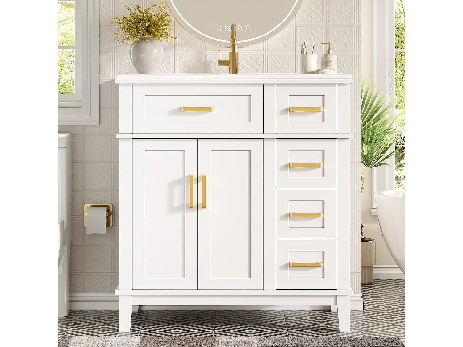 Meuble de Salle de Bain 76cm avec Vasque en Céramique, avec 3 Tiroirs Spéciaux et Portes Soft-Close - Blanc