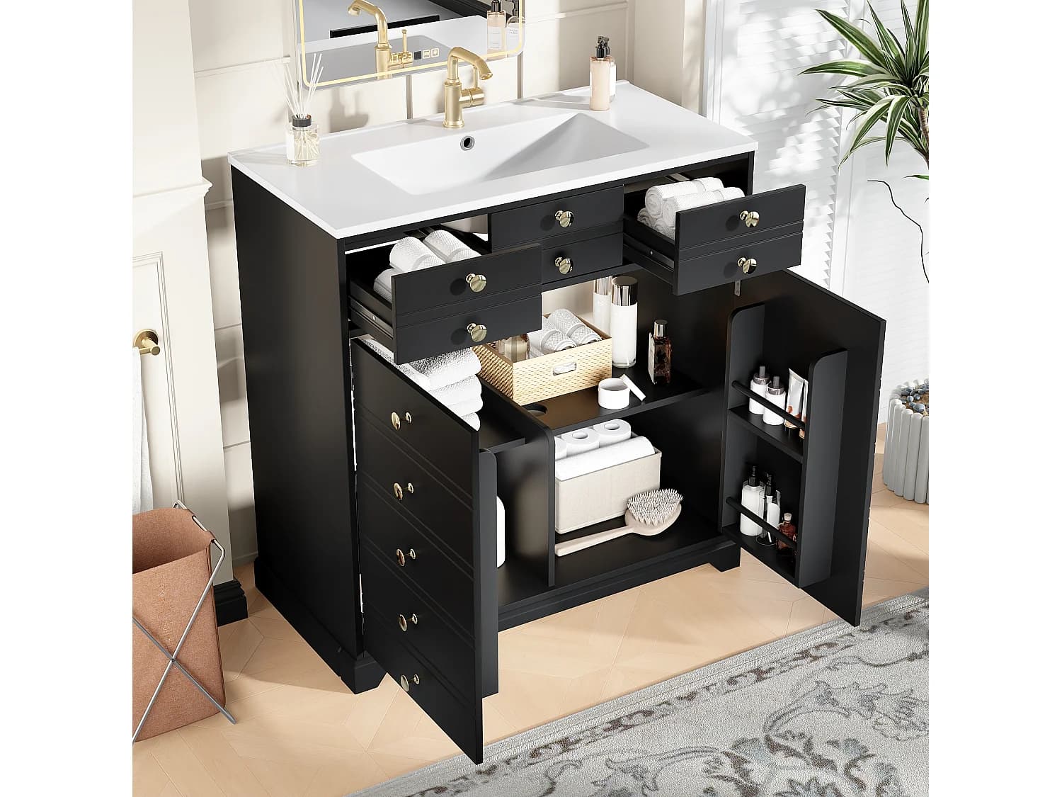 Meuble de Salle de Bain 92cm avec Vasque en Céramique, avec Tiroirs et Charnières Soft-Close - Noir