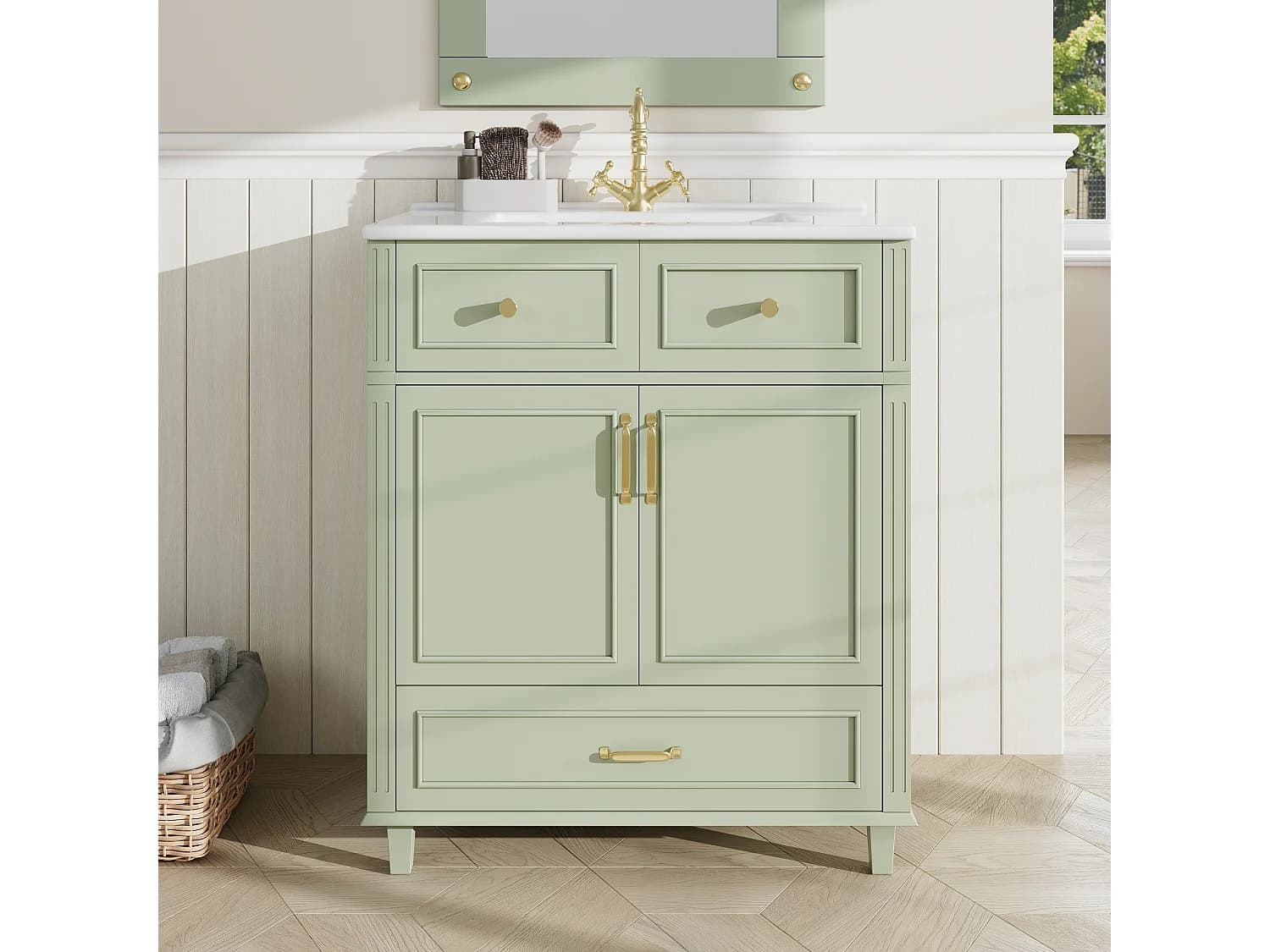 Meuble de Salle de Bain 81cm avec Vasque en Céramique, Meuble Sous-Vasque avec Tiroir Soft-Close - Vert