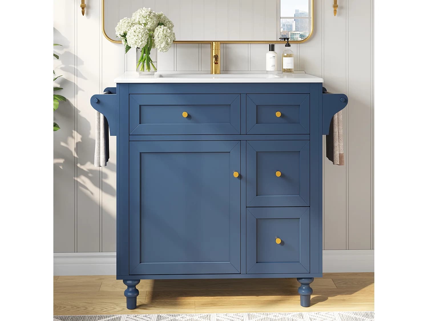 Meuble de Salle de Bain 100cm avec Vasque en Céramique, avec Tiroirs Soft-Close, Étagère Coulissante et Porte-Serviette - Bleu