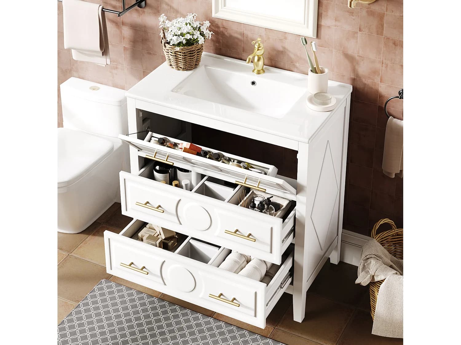 Meuble de Salle de Bain sur Pieds 81cm avec Vasque en Céramique, 3 Tiroirs Rétro (1 Abattant), Soft-Close - Blanc