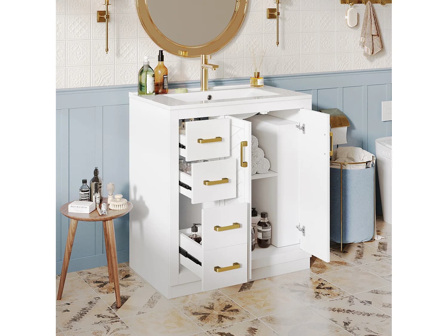 Ensemble Meuble de Salle de Bain 76,5cm avec Vasque en Céramique - 3 Tiroirs, Étagères et Portes Soft-Close - Blanc