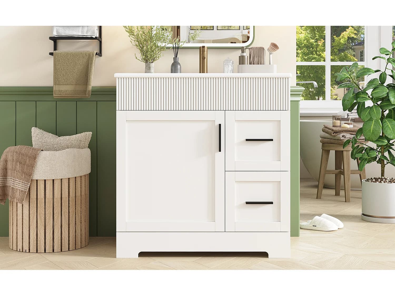 Meuble de salle de bain sur pieds avec vasque , 2 tiroirs et 1 porte - Blanc 81.5x47x85.5 cm