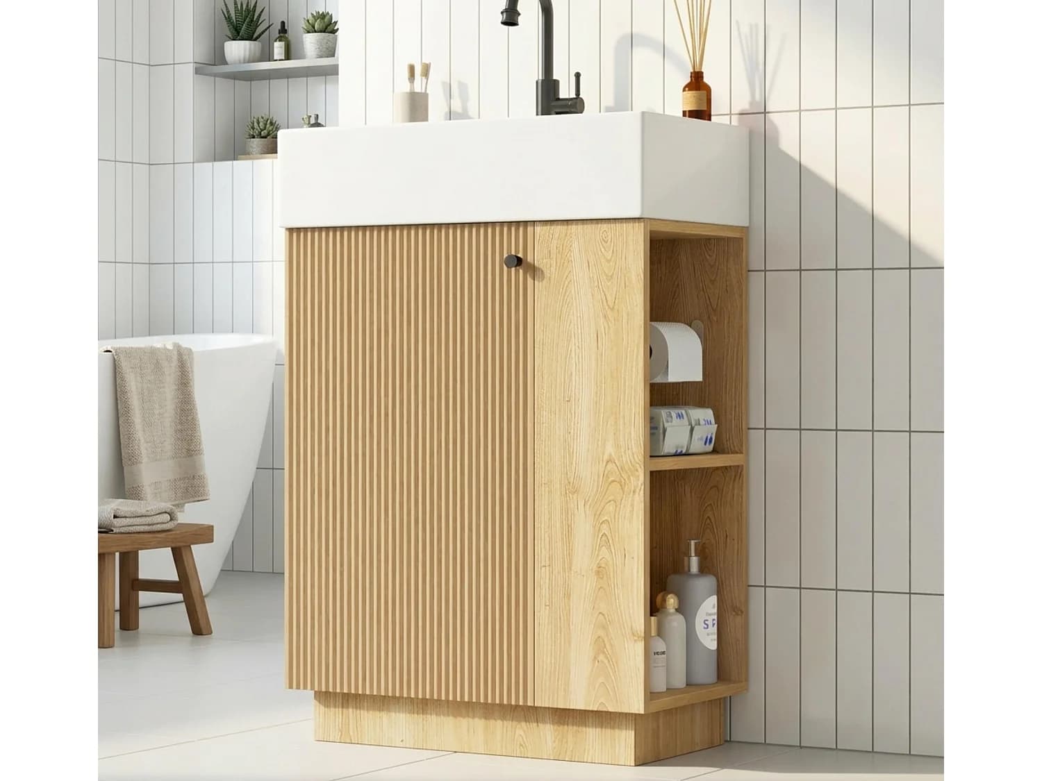 Meuble Vasque Salle de Bains 55cm sur Pied avec Vasque Céramique, Meuble Sous-Vasque à Porte Striée Ondulée - Naturel(Sans Robinet)