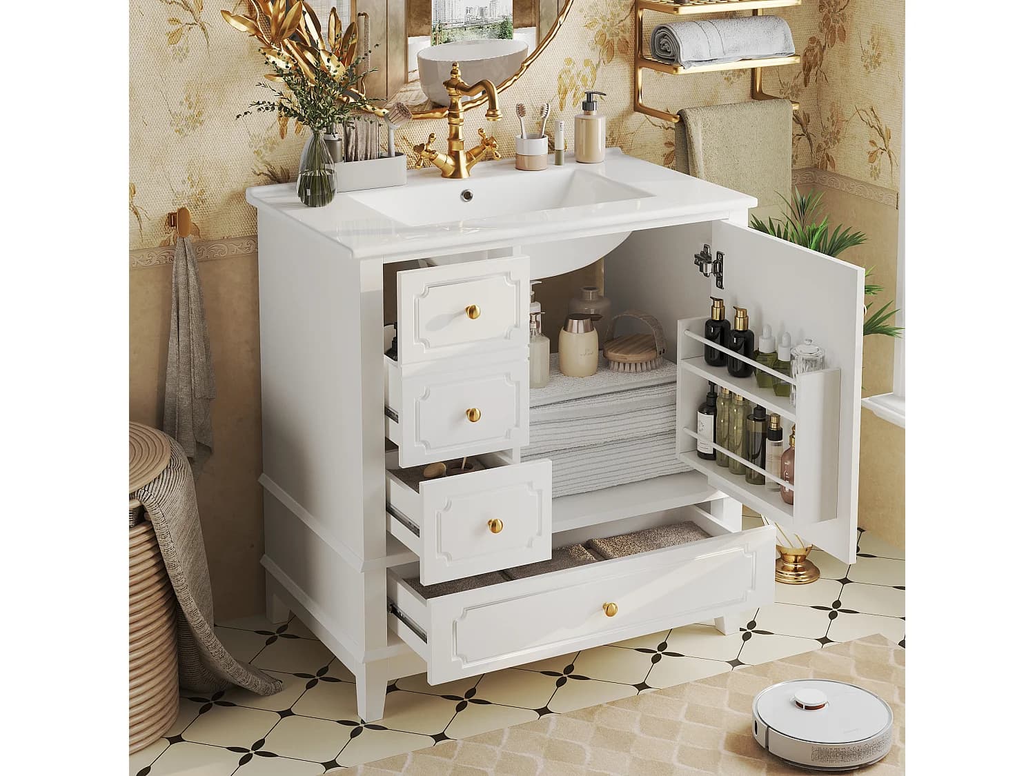 Meuble sous-vasque avec Lavabo en Céramique Antibactérienne, Cabinet de Salle de Bain avec 3 Tiroirs, Porte et Poignées Dorées - Blanc
