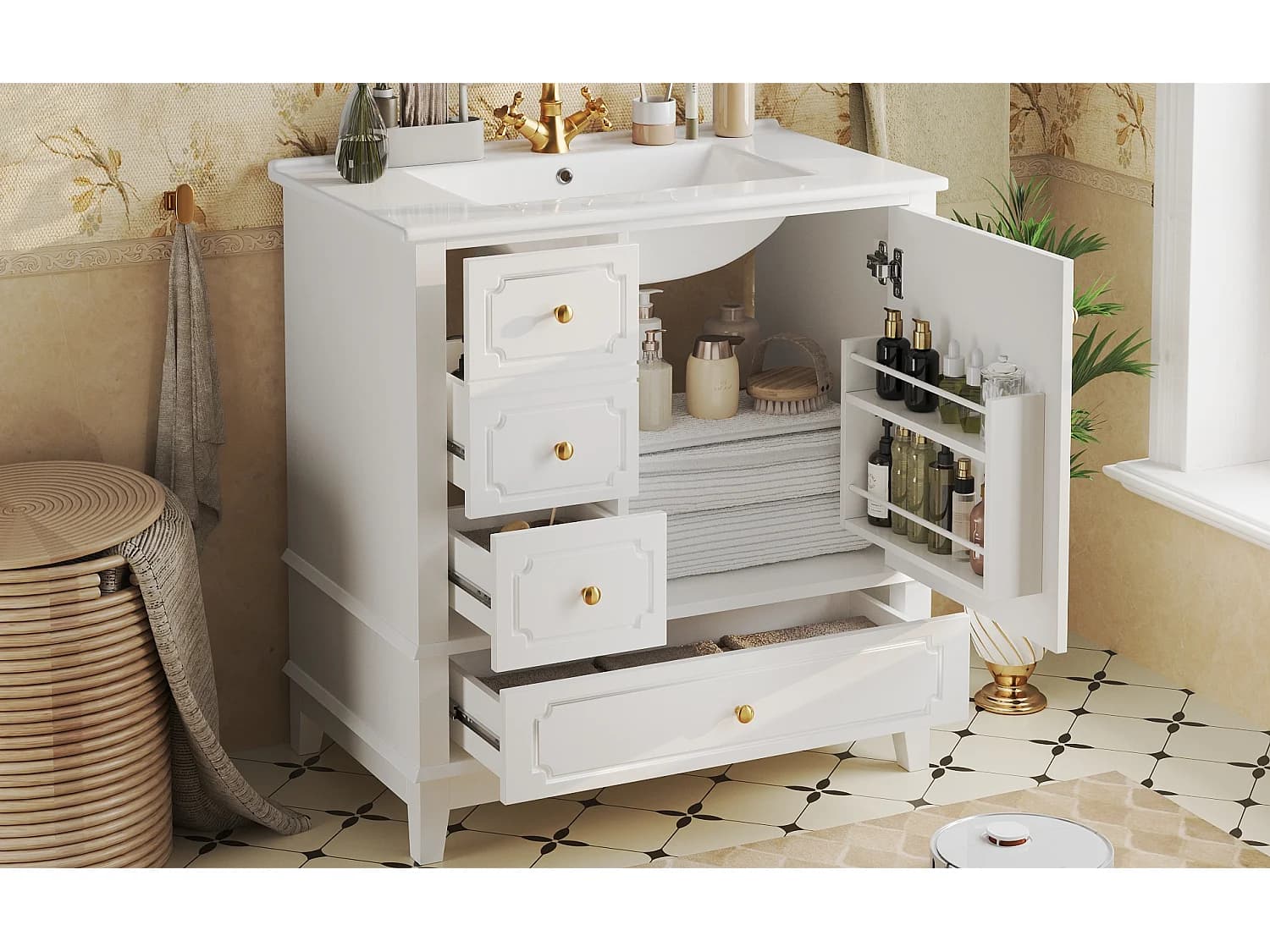 Meuble de salle de bain sur pieds avec vasque - 3 tiroirs et 1 porte - Blanc