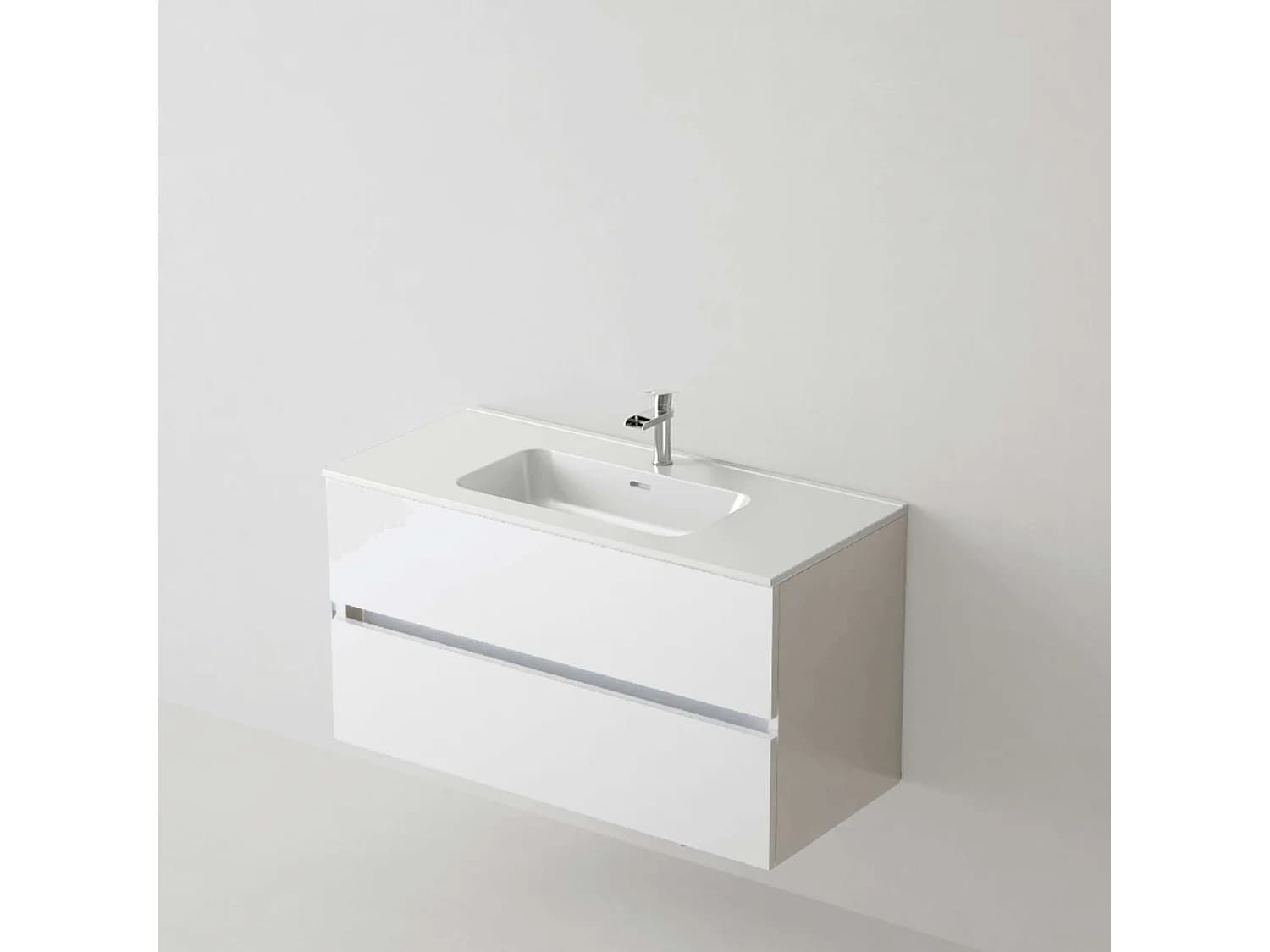 Meuble salle de bain 100 cm blanc brillant avec vasque Volterra blanc brillant, 2 tiroirs, H54 x P45 cm, Mod.ICON