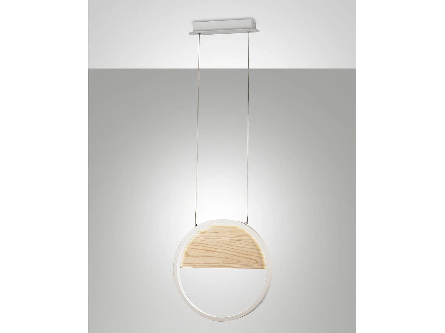 Suspension Led Pierre 29 W Ø 400 Mm, Structure En Métal Et Bois Blanc, Lumière Chaude 3000 K, Intensité Réglable, Design Moderne Et Raffiné.