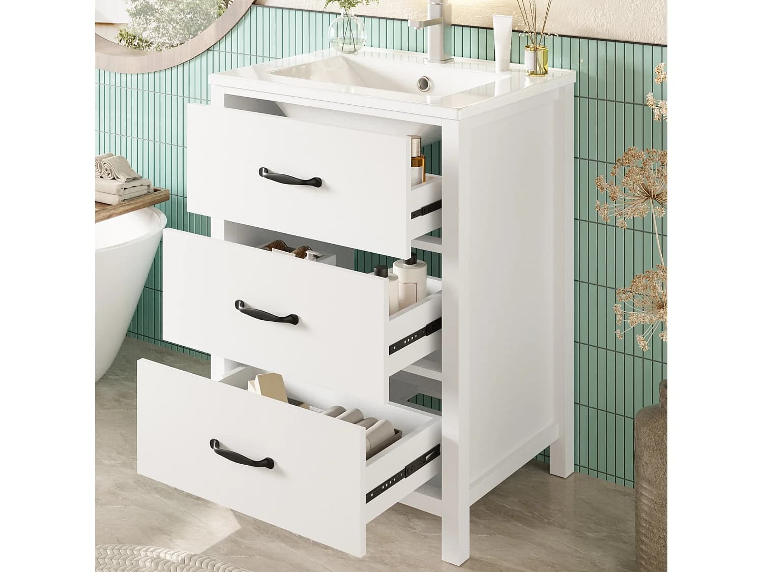 Meuble de salle de bain avec vasque en céramique - 61,3x46,3x82,5 cm - Avec 3 tiroirs - MDF - Blanc