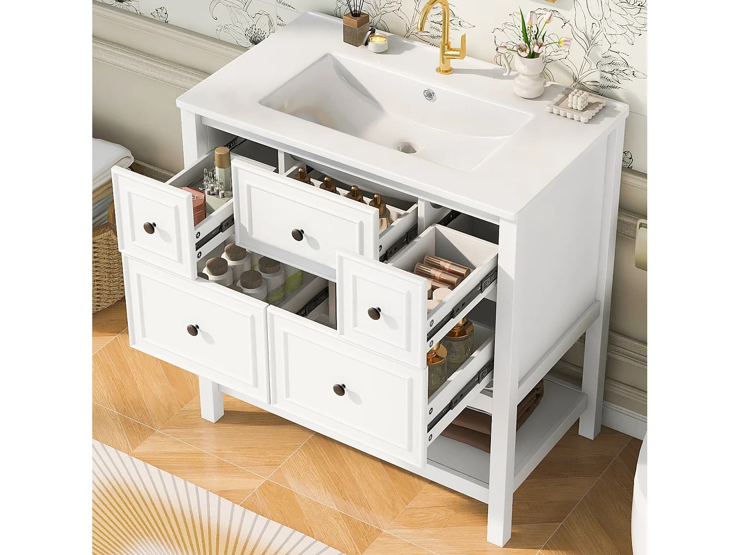 Meuble de salle de bain avec vasque en céramique - 76x46.5x82.3 cm - 5 tiroirs + étagères ouvertes - MDF - Blanc