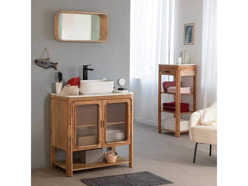 Meuble sous vasque vitré en bois d'acacia et marbre Emyr