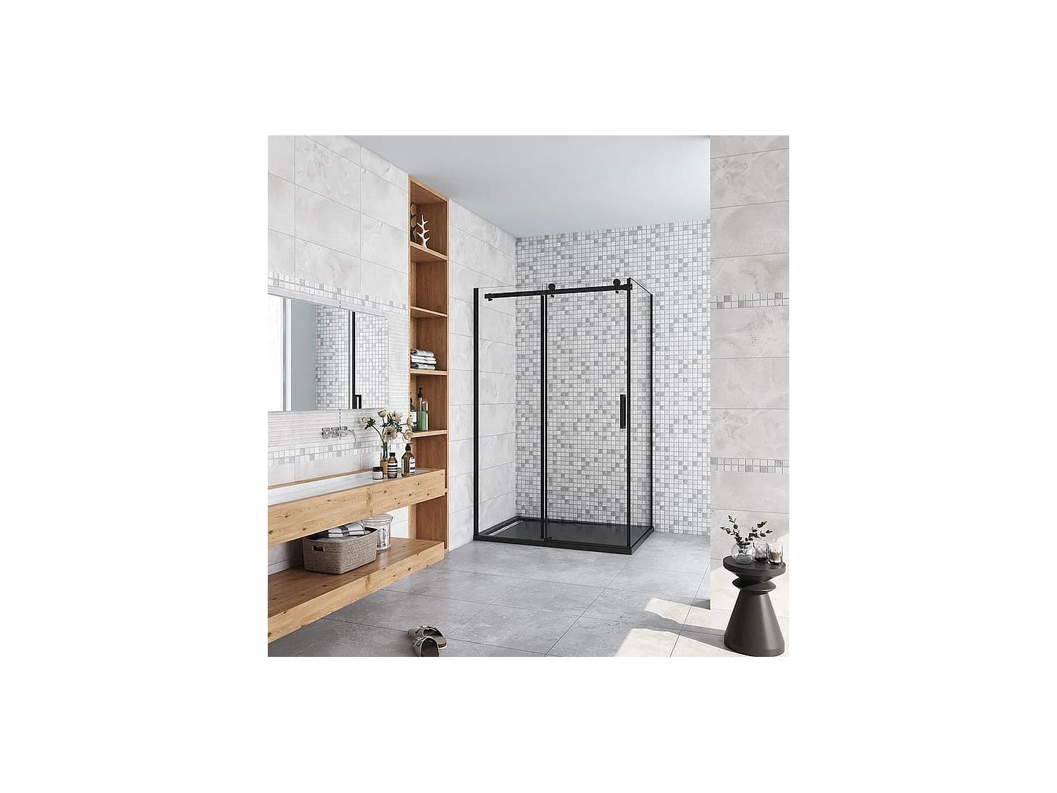 Cabine de douche coulissante 100x80x200cm porte de douche + paroi latérale Hauteur 200cm En 8mm verre anticalcaire profilé noir mat