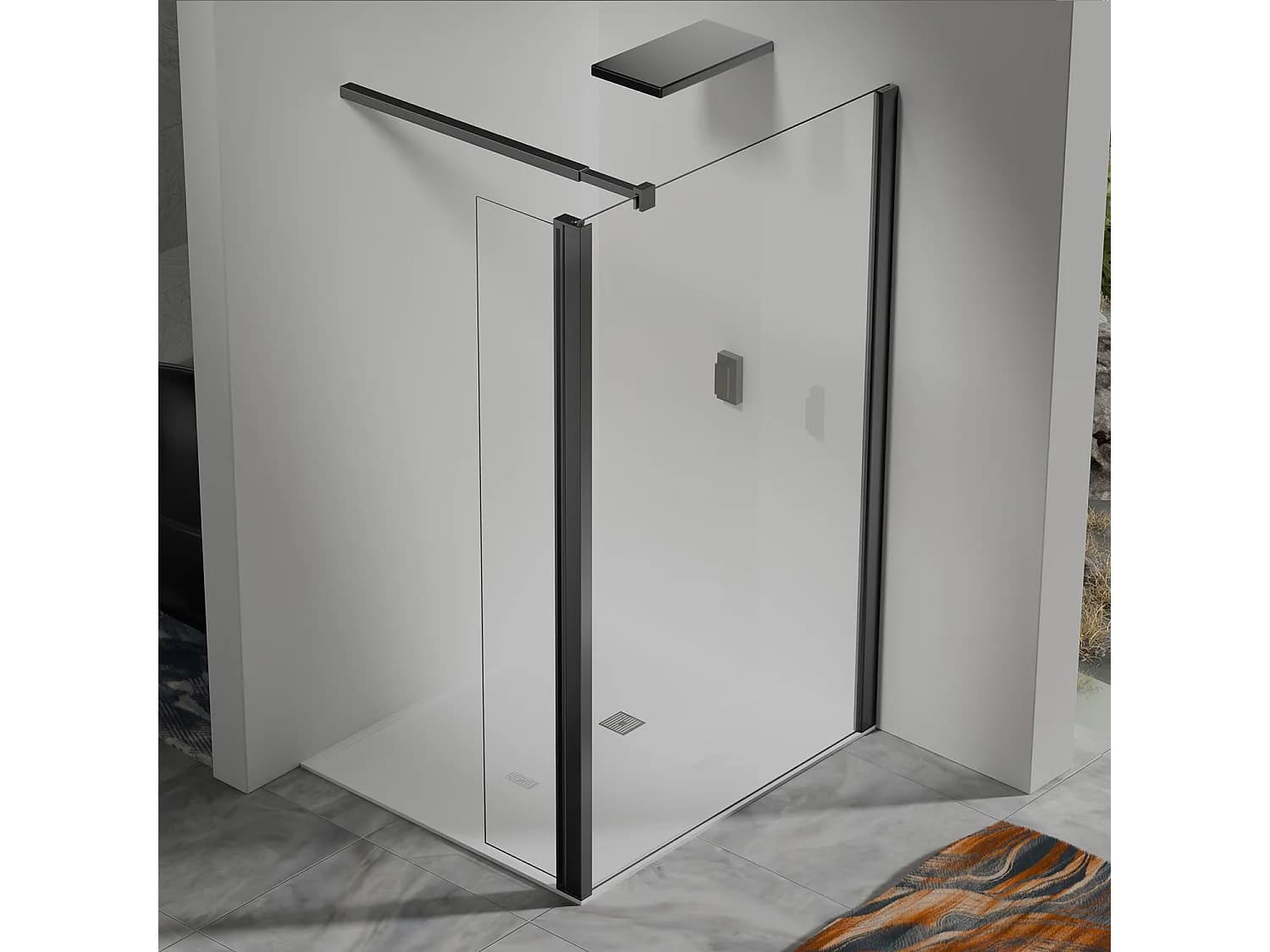 Paroi de Douche 30×200 cm avec Retour Pivotant 30×200 cm – Barre Extensible 73–120 cm – Verre Trempé 8 mm – Aluminium Noir Mat