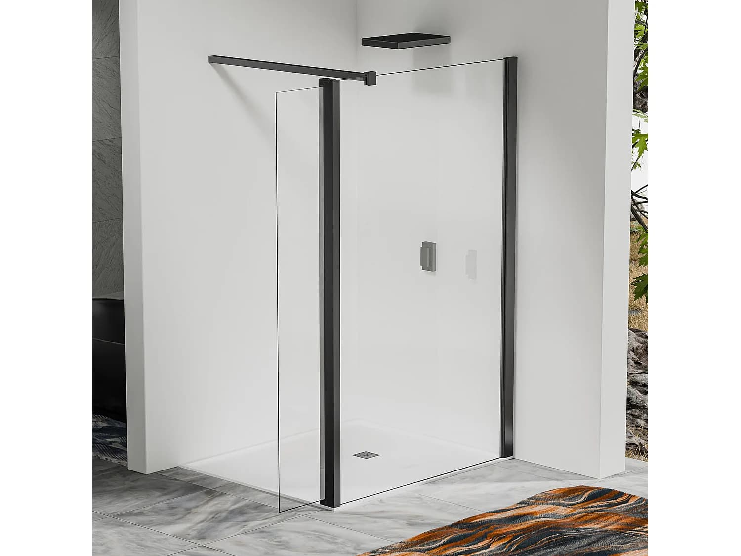 Paroi de douche à l’italienne 30×200 cm avec déflecteur 30×200 cm – Verre 8 mm – Barre recoupable 140 cm – Aluminium noir mat