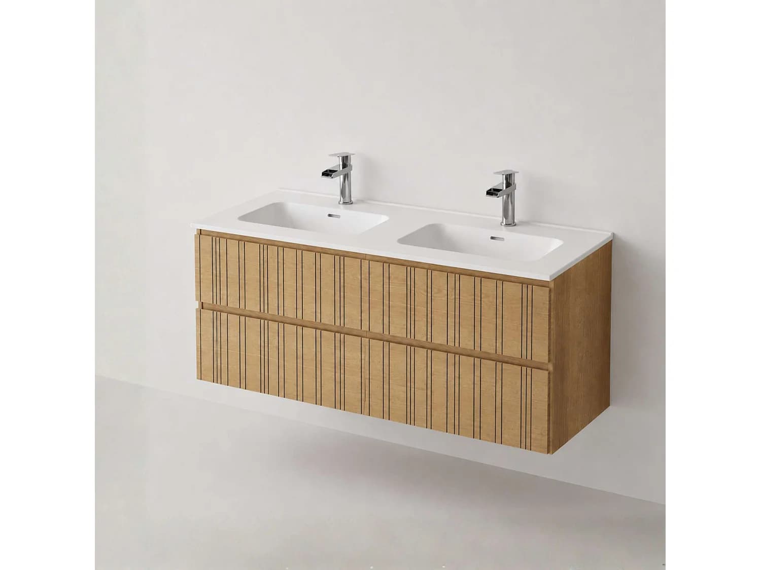 Meuble salle de bain 120 cm chêne moyen "Sand" avec double vasque céramique Volterra blanc mat, 2 tiroirs, H54 x P45 cm, Mod.FER