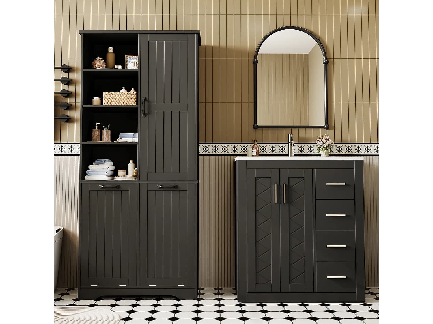 Ensemble de meubles de salle de bain - Meuble vasque + Armoire de rangement - Vasque en céramique et 2 paniers à linge - Noir