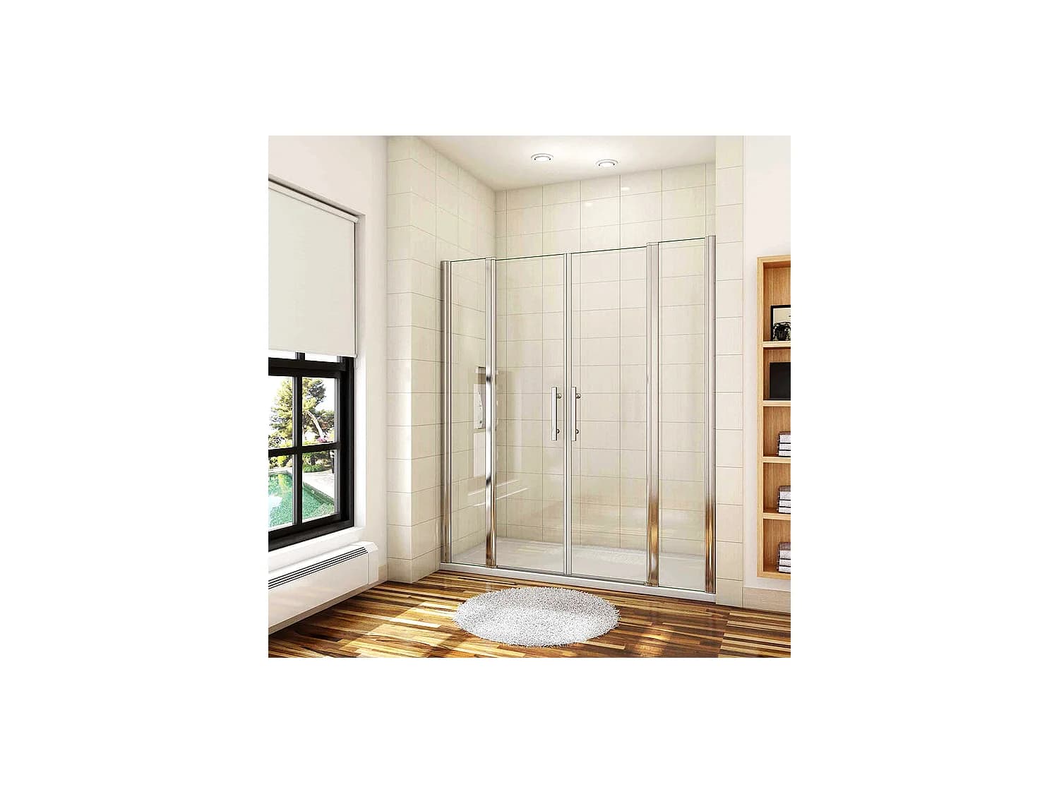 Porte de douche battante H.197cm largeur réglable 164 à 169.4cm, paroi pivotante 180° - Avec 2 éléments fixes - 6mm verre transparent