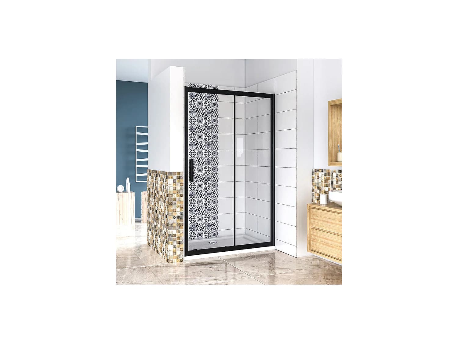 Porte de douche 110x195cm avec l'amortisseur - Noir Mat - Porte de douche coulissante en 8mm verre anticalcaire