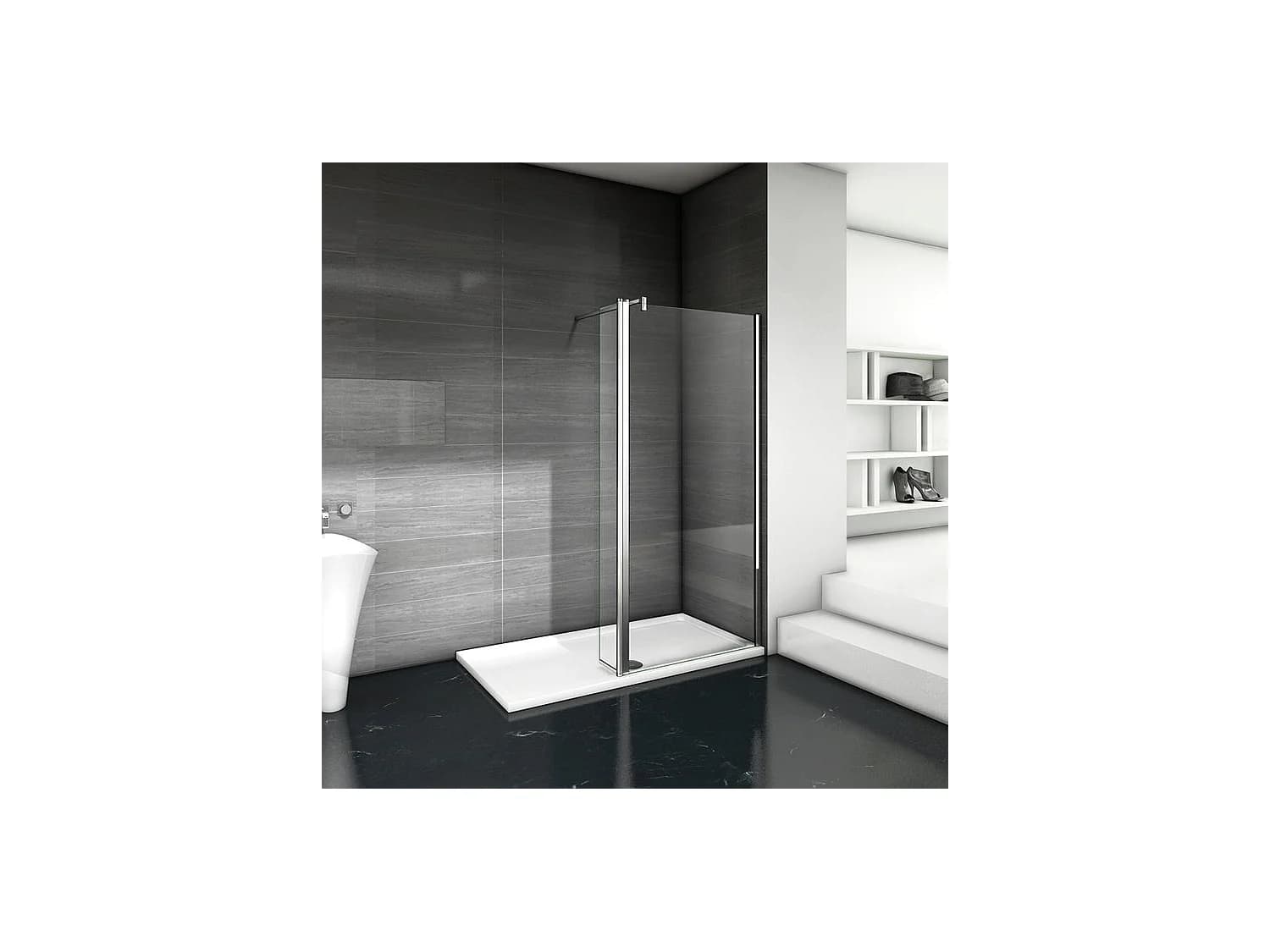 Paroi de douche à l'italienne 80+40x200cm avec retour pivotant - Verre 8mm trempé - Avec barre de fixation 140cm en carré