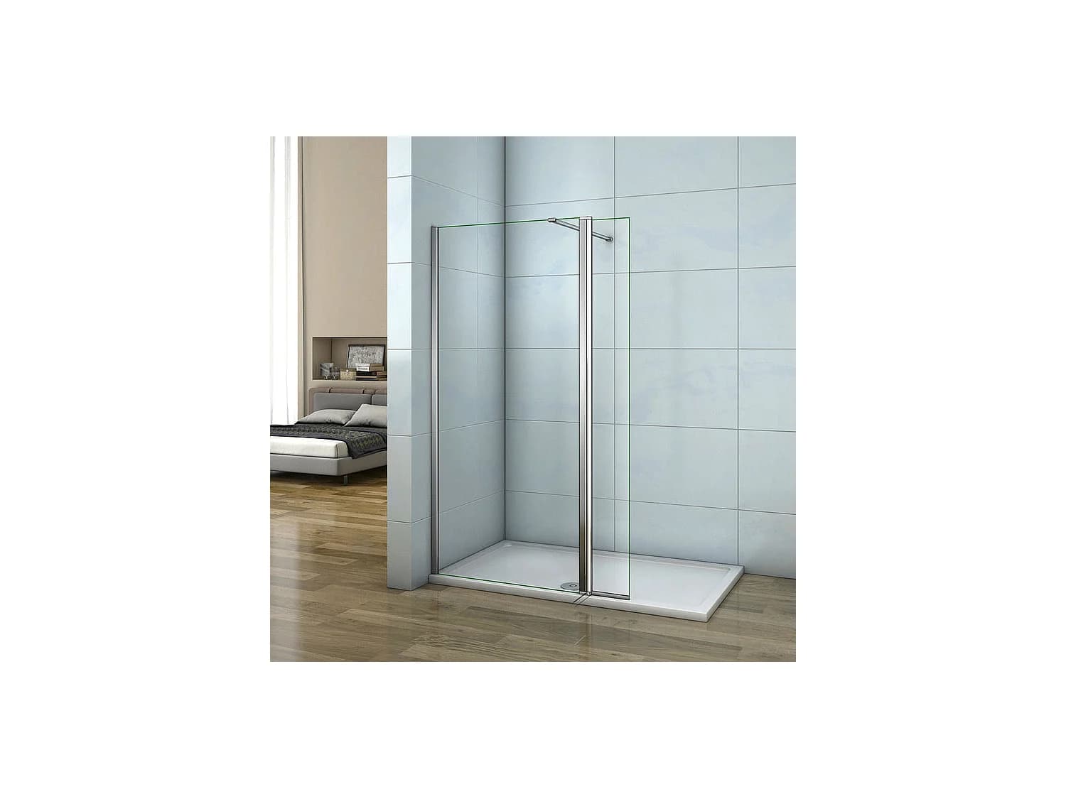 Paroi de douche à l'italienne 90+30x200cm avec retour pivotant - Verre 8mm trempé - Avec barre de fixation 140cm recoupable