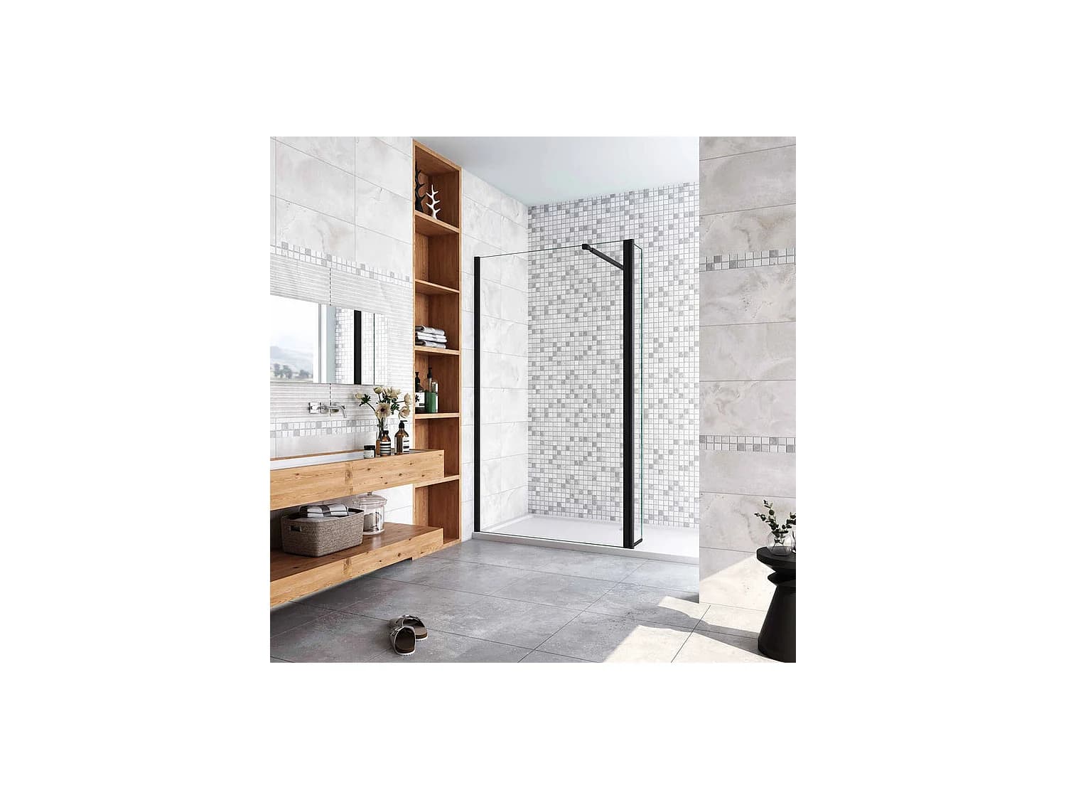 Paroi de douche à l'italienne avec retour pivotant 120+40x200cm avec barre de fixation 73-120cm en carré - Noir Mat - 8mm verre anticalcaire