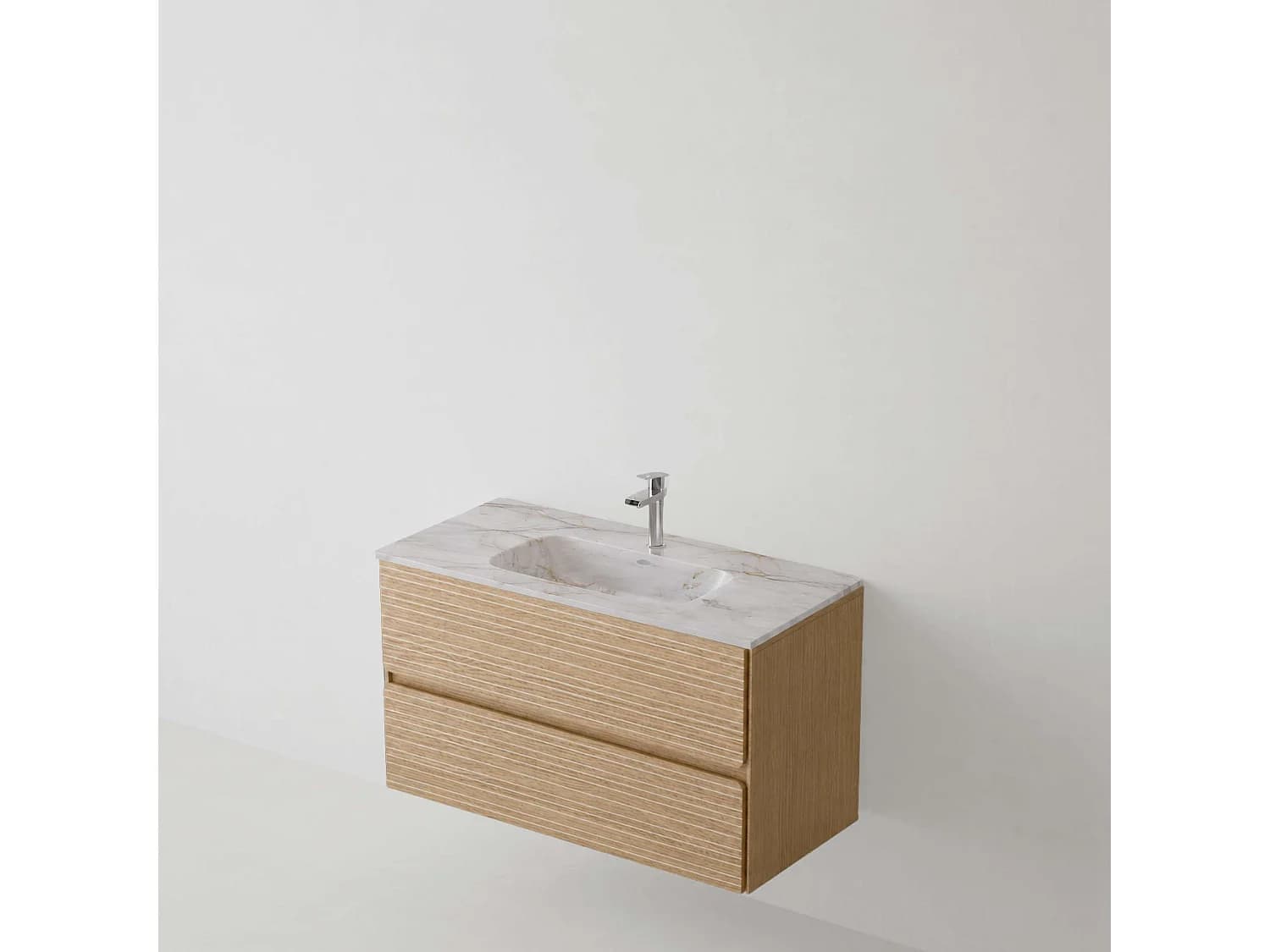 Meuble salle de bain 80 cm chêne clair "Mud" avec vasque céramique Lanicor blanc minéral, 2 tiroirs, H54 x P45 cm, Mod.RANDOM