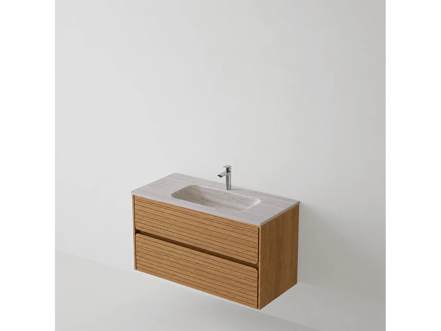Meuble salle de bain 100 cm chêne moyen "Sand" avec vasque céramique Lanicor greige minéral, 2 tiroirs, H54 x P45 cm, Mod.RANDOM