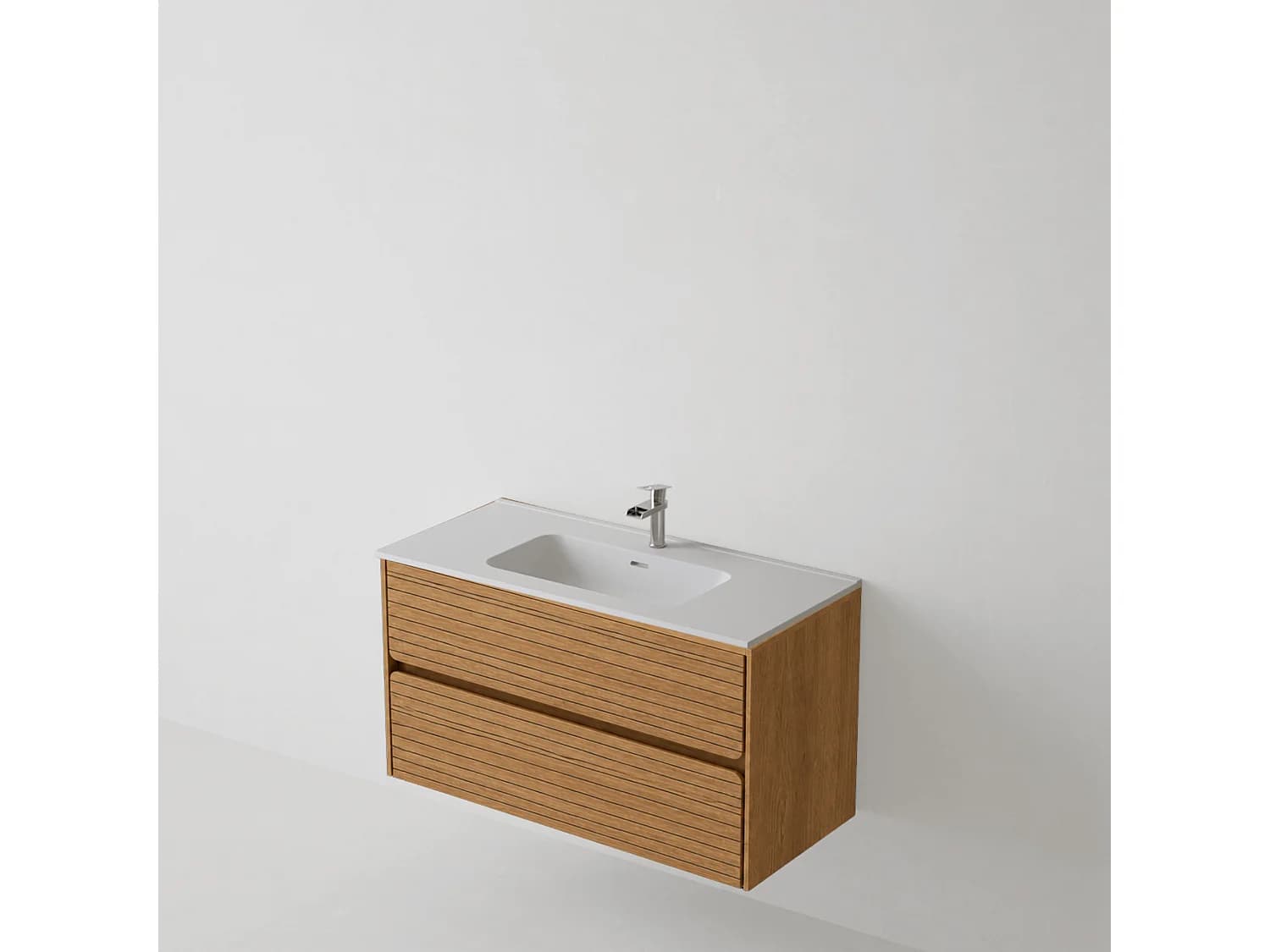 Meuble salle de bain 100 cm chêne clair "Mud" avec vasque céramique Volterra blanc mat, 2 tiroirs, H54 x P45 cm, Mod.RANDOM
