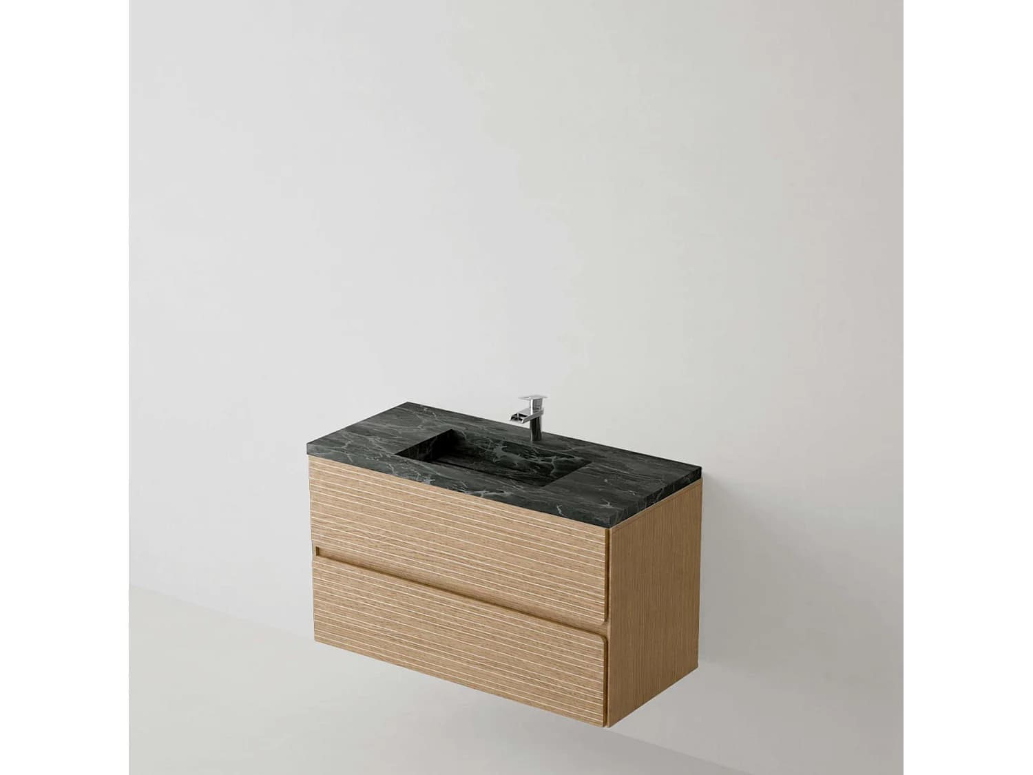 Meuble salle de bain 80 cm chêne clair "Mud" avec vasque grès cérame Lanic noir, 2 tiroirs, H54 x P45 cm, Mod.RANDOM