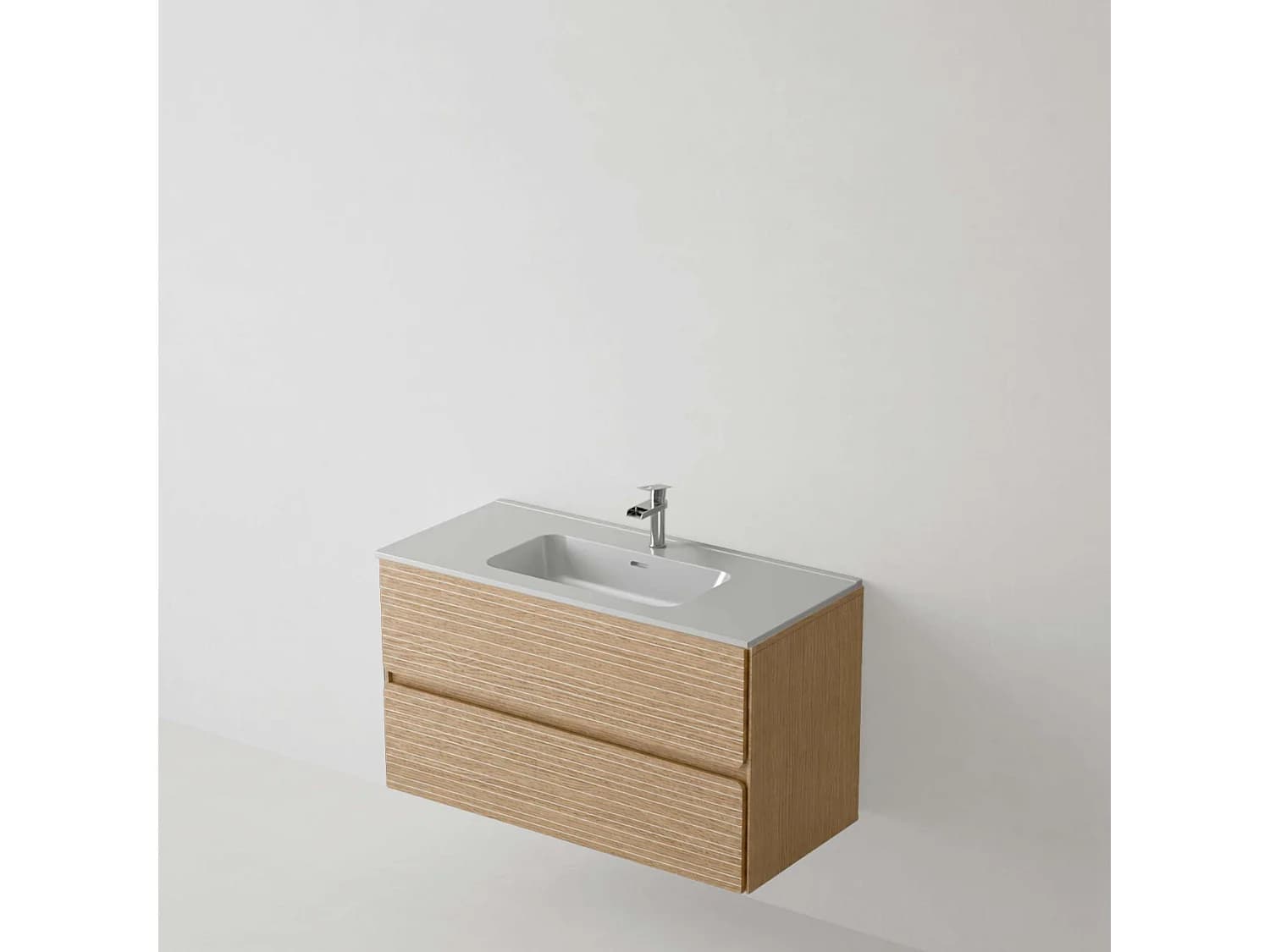 Meuble salle de bain 80 cm chêne clair "Mud" avec vasque céramique Volterra blanc brillant, 2 tiroirs, H54 x P45 cm, Mod.RANDOM