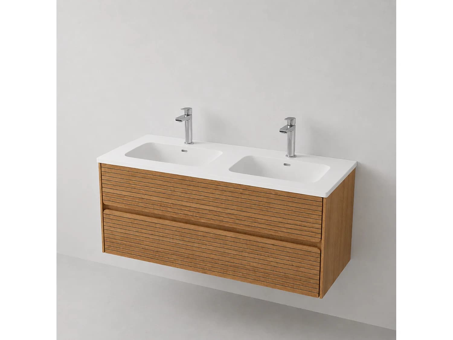 Meuble salle de bain 120 cm chêne moyen "Sand" avec double vasque céramique Volterra blanc mat, 2 tiroirs, H54 x P45 cm, Mod.RANDOM