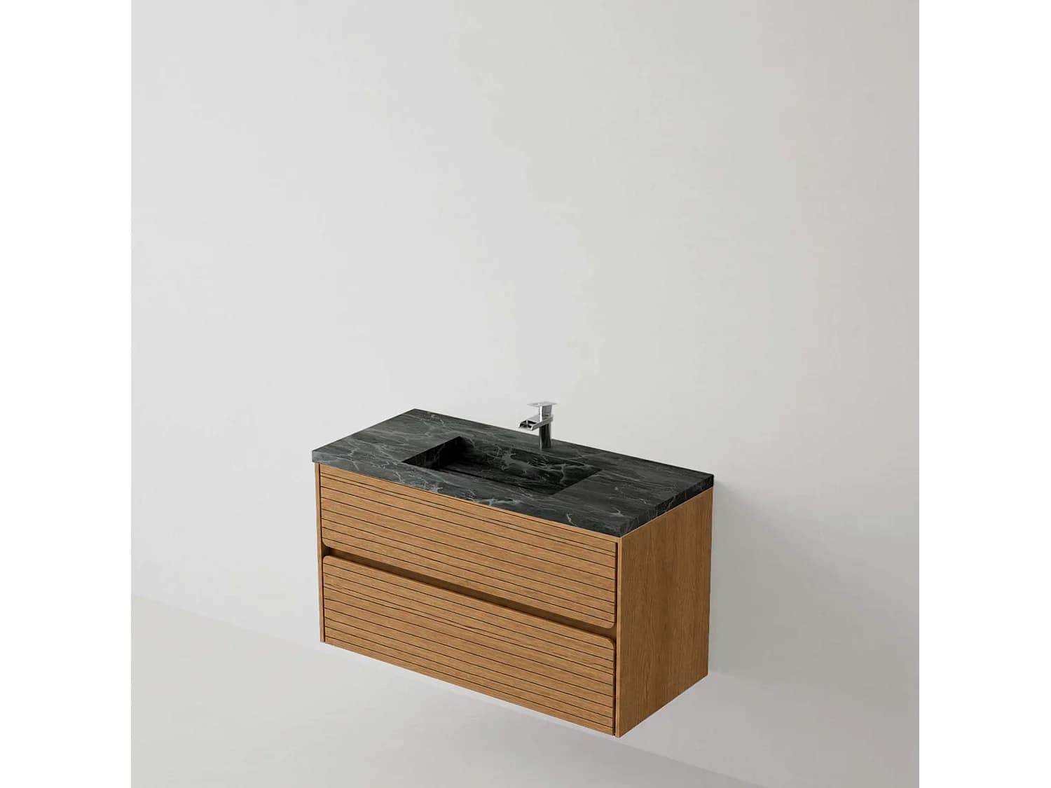 Meuble salle de bain 100 cm chêne moyen "Sand" avec vasque grès cérame Lanic noir, 2 tiroirs, H54 x P45 cm, Mod.RANDOM