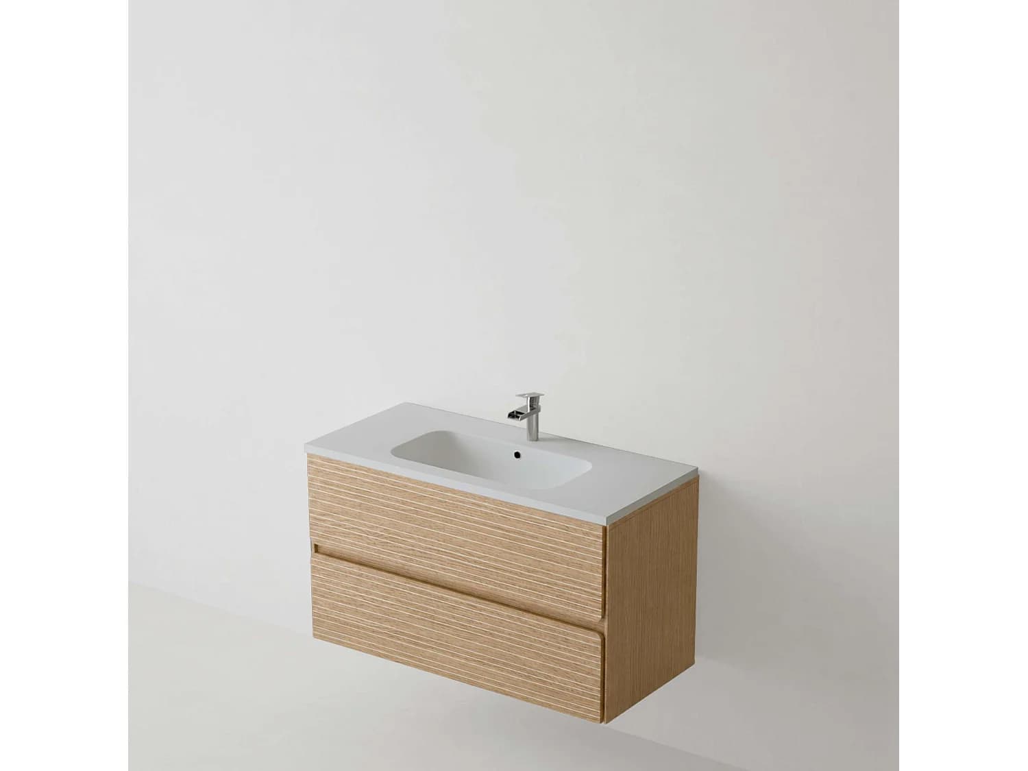 Meuble salle de bain 80 cm chêne clair "Mud" avec vasque solid surface Blow blanc mat, 2 tiroirs, H54 x P45 cm, Mod.RANDOM