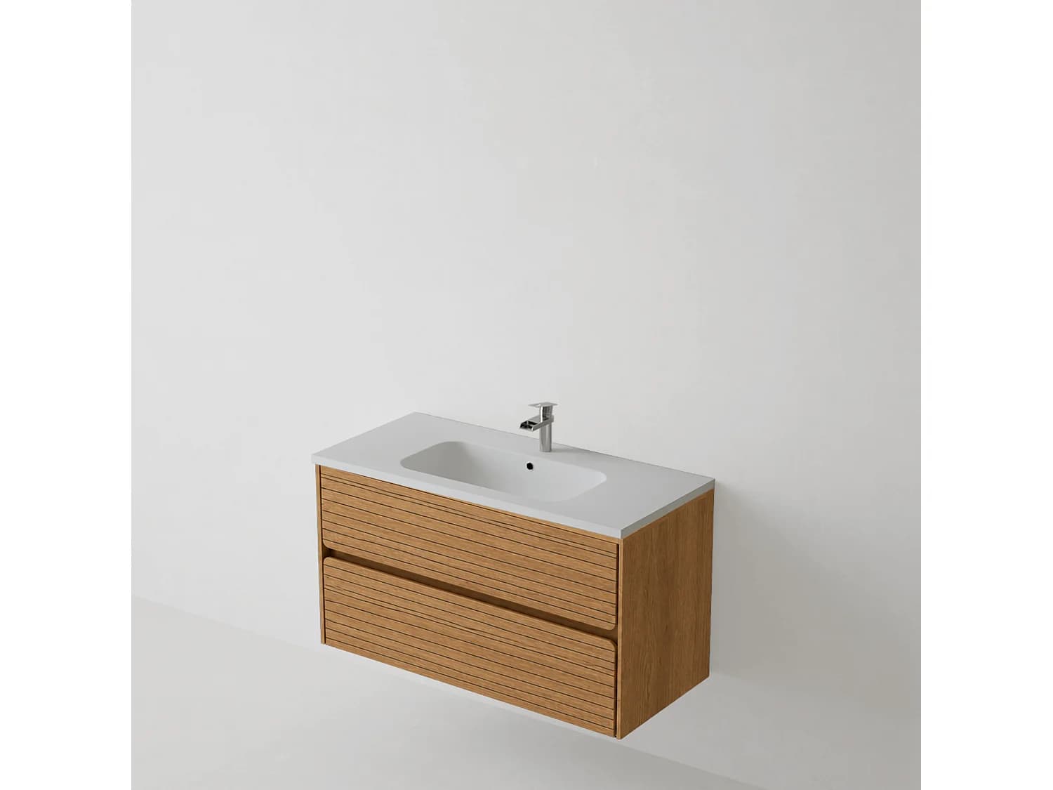 Meuble salle de bain 80 cm chêne moyen "Sand" avec vasque solid surface Blow blanc mat, 2 tiroirs, H54 x P45 cm, Mod.RANDOM