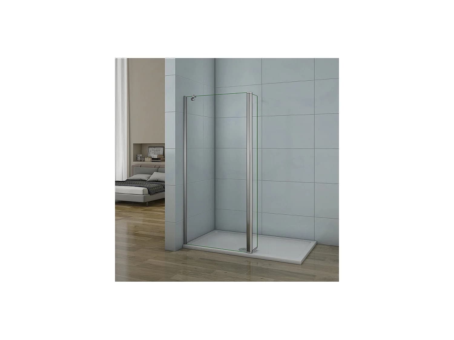 Paroi de douche à l'italienne 50+30x200cm avec retour pivotant - Verre 8mm trempé - Avec barre de fixation d'angle 45cm