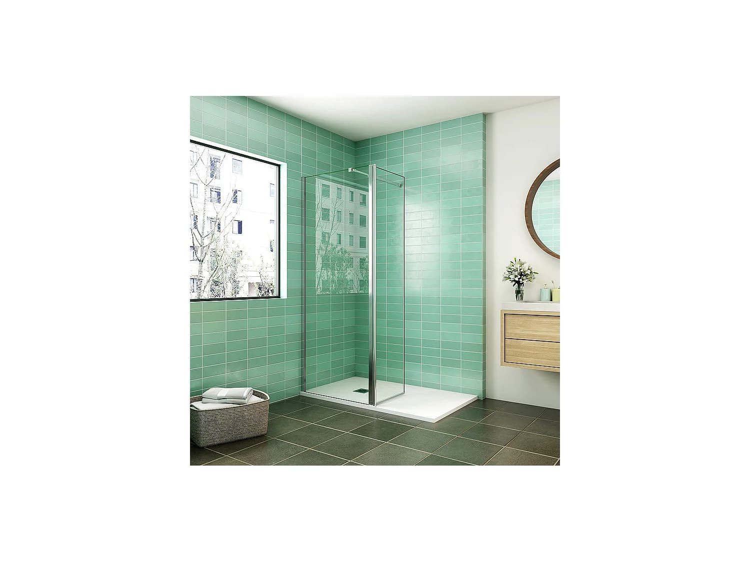 Paroi de douche à l'italienne 90x200cm avec retour pivotant 50x200cm - Verre securit - Avec barre de fixation 73-120cm en carré