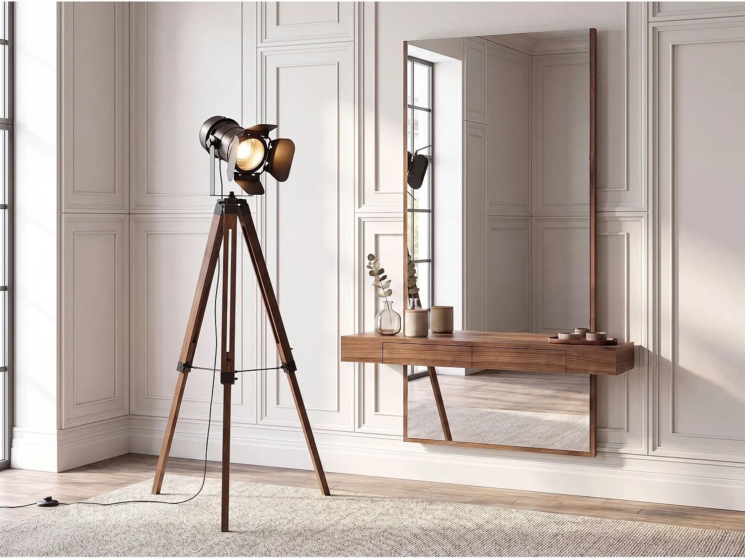 Lampadaire en acier noir et bois de pin couleur noyer 8109 THE LUMINE