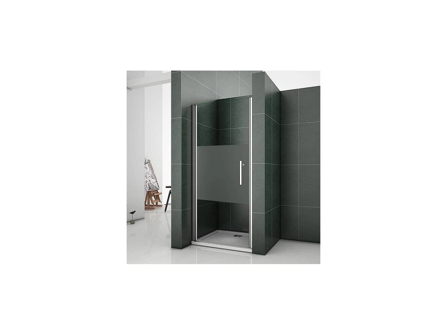Porte de douche pivotante 80x185cm en niche en verre bande central dépoli anticalcaire Installation à Gauche