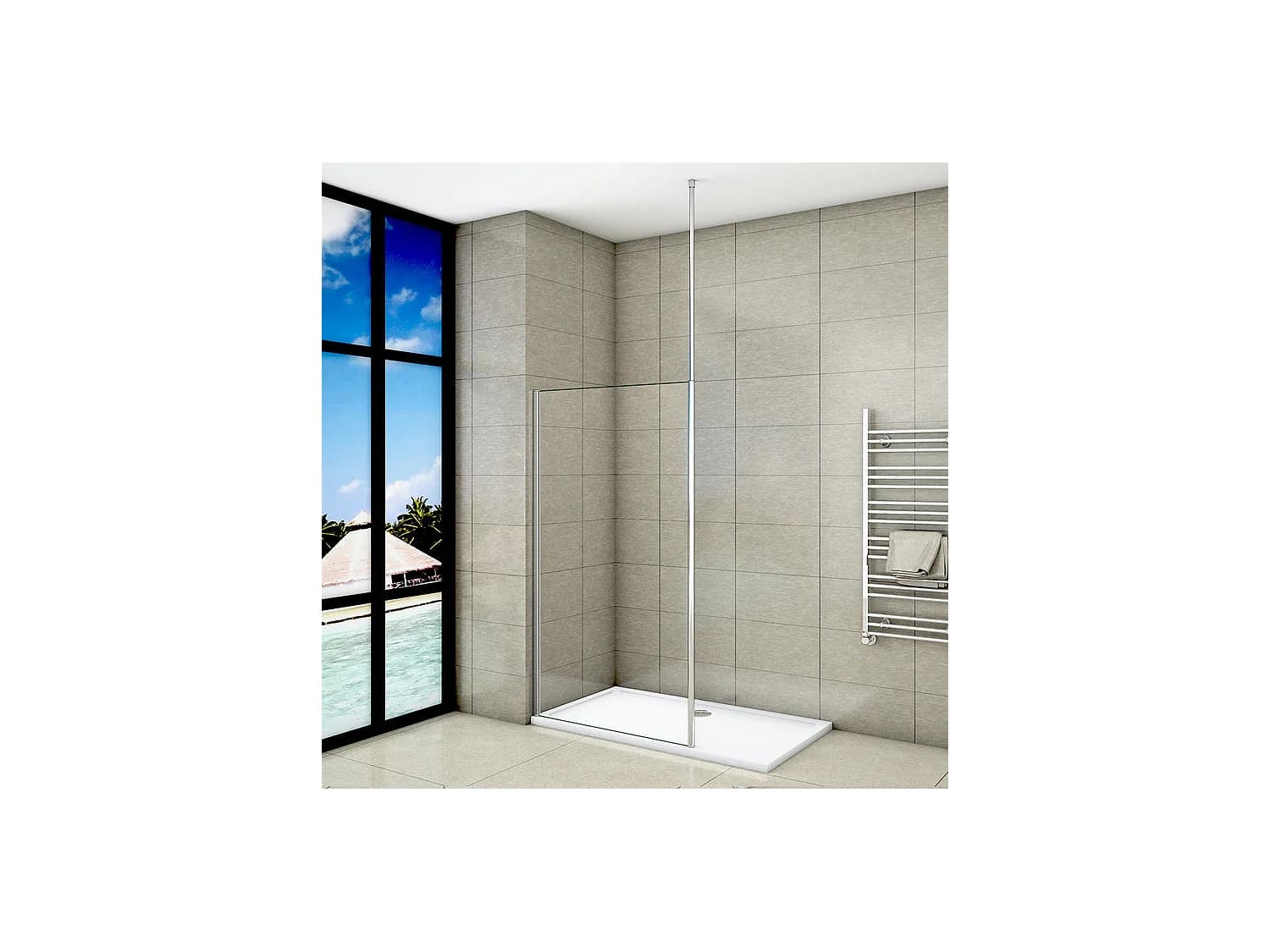 Paroi de douche à l'italienne 140x200cm avec barre de fixation au plafond 203-320cm - Chromé - Verre 8mm trempé transparent
