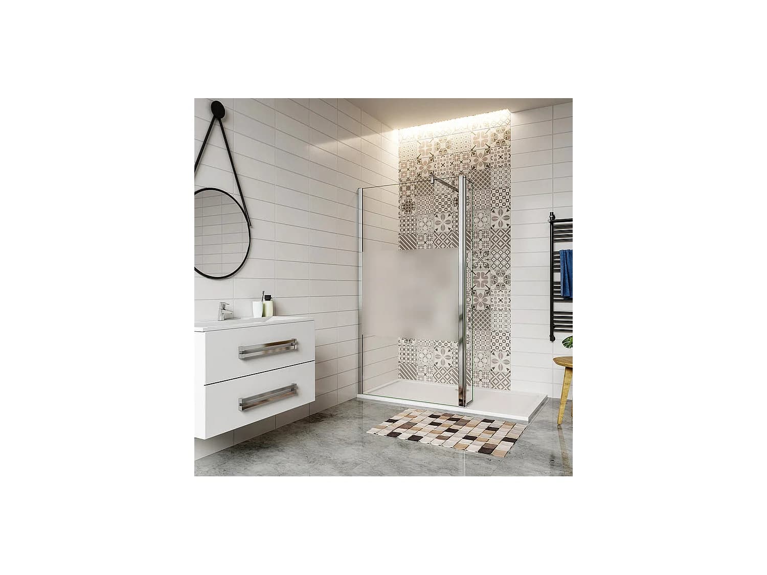 Paroi de douche à l'italienne verre dépoli au centre 90+30x200cm avec retour pivotant, avec barre de fixation 140cm en carré