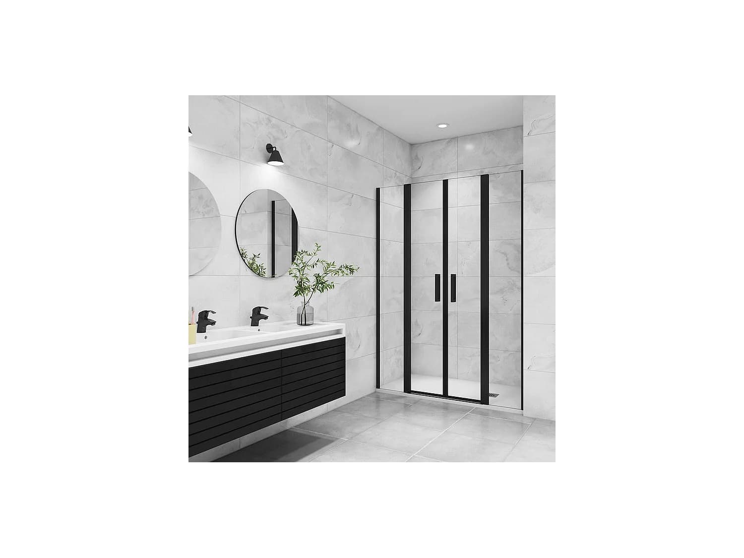 Porte de douche battante 155x200cm avec 2 éléments fixes Profilé noir mat, Porte de douche Hauteur 200cm en verre anticalcaire