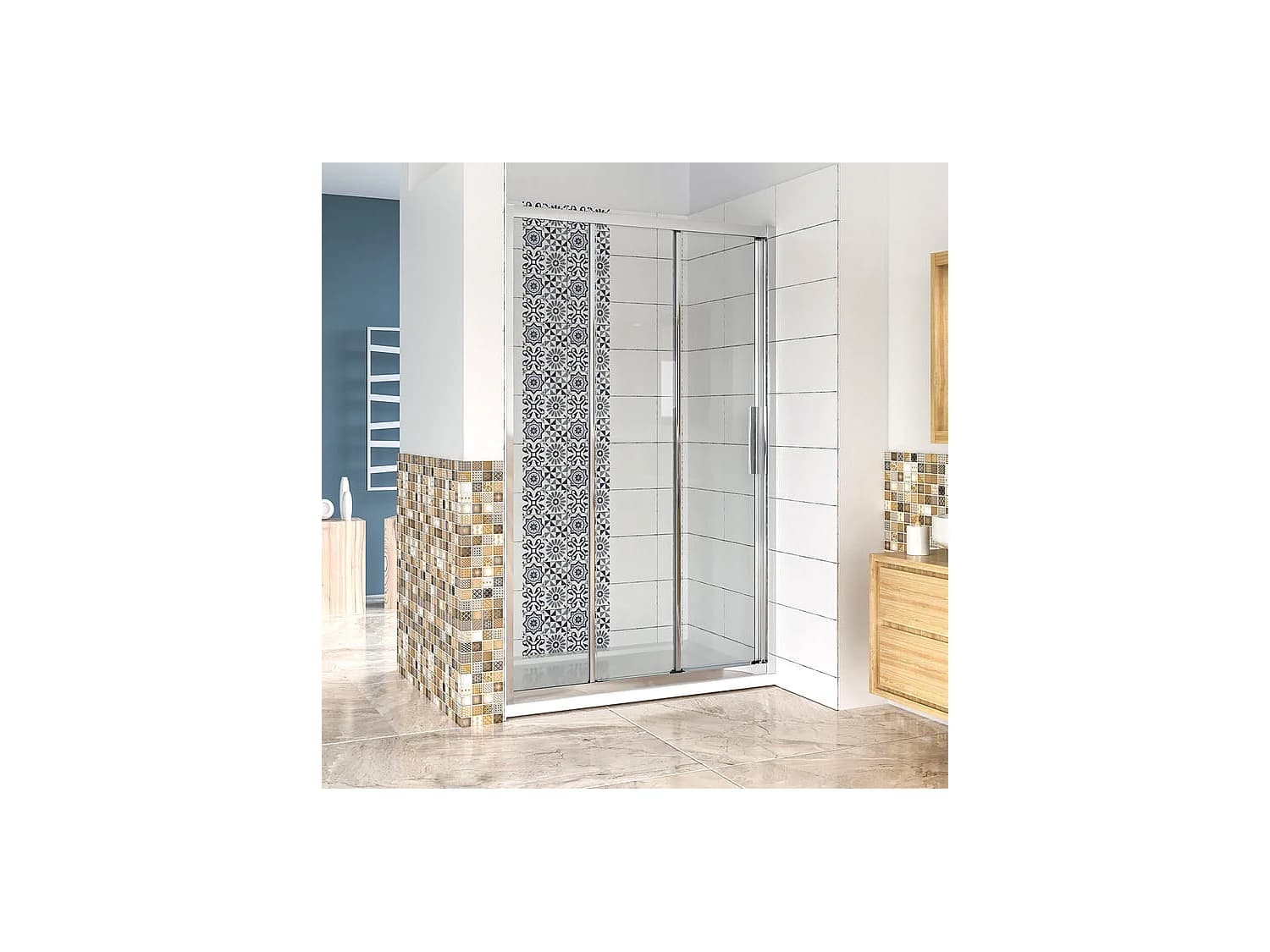 Porte de douche 140x195cm coulissante - 3 volets - Verre securit transparent