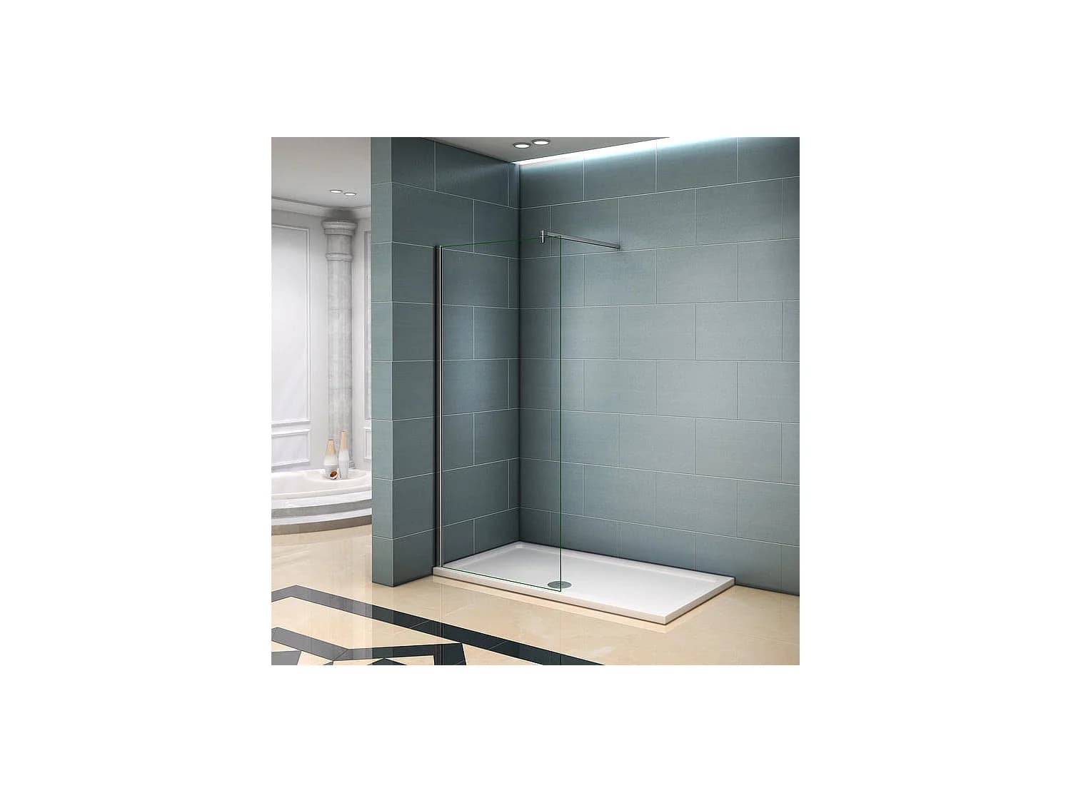 Paroi de douche à l'italienne 100x200cm avec barre de fixation 140cm en carré - Chromé - Verre 8mm trempé transparent