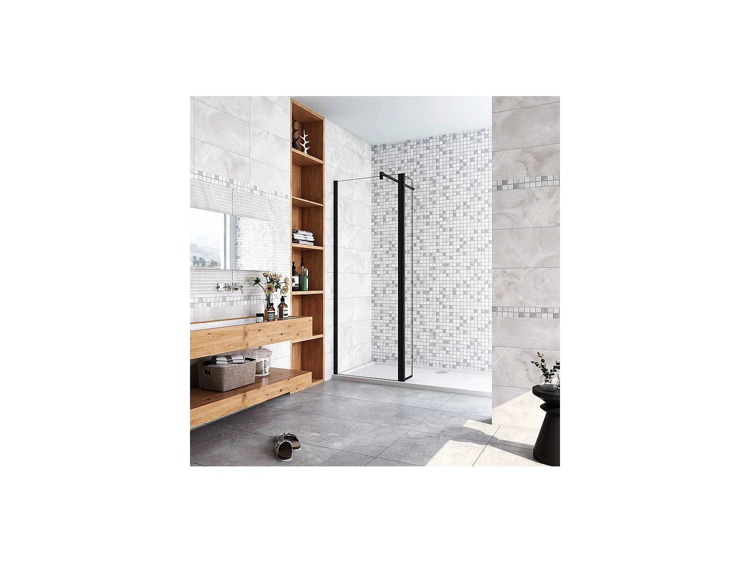 Paroi de douche à l'italienne avec retour pivotant 90+40x200cm avec barre de fixation 90cm en carré - Noir Mat - 8mm verre anticalcaire